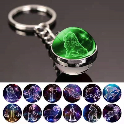 Twelve Zodiac Signs Double Sided Glass Ball Keychain Nebula Constellation Galaxy Bag Pendant Alloy Jewelry Gift For Men Women