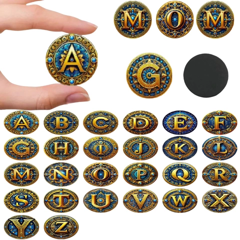 Aimants De Réfrigérateur En Verre Alphabet Fantaisie Vintage Aimants De Tableau Blanc Décoratifs Or Bleu Mandala