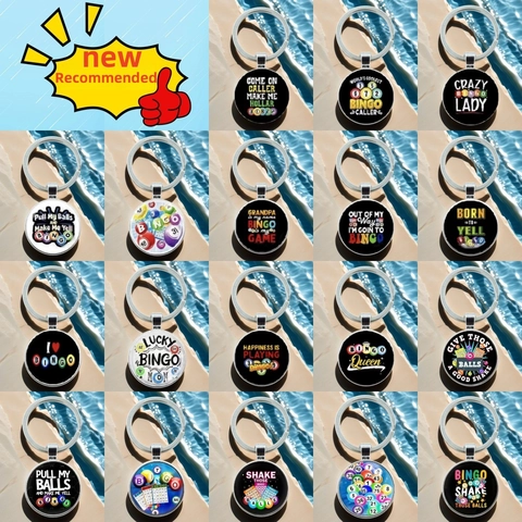 Creative Bingo Game Theme Metal Keychain Funny Slogan Round Glass Cabochon Keyring For Game Lover Gift Jewelry Accessory