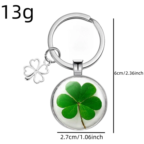 Four Leaf Clover Keychain Lucky Shamrock Glass Cabochon Pendant Zinc Alloy Silver Key Ring Jewelry For Car Bag Decoration