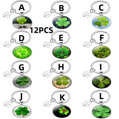 Four Leaf Clover Keychain Lucky Shamrock Glass Cabochon Pendant Zinc Alloy Silver Key Ring Jewelry For Car Bag Decoration