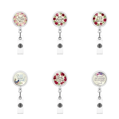 Retractable Badge Reel Floral Inspirational Quotes ID Card Holder Nursing School Office Supplies Rotating Back Clip ABS Holder