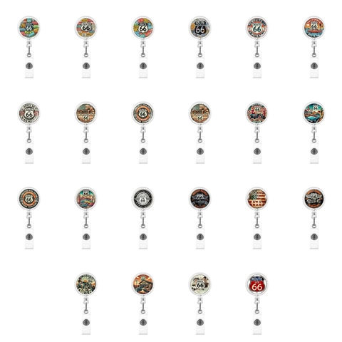 Portabadge Retrattile American Retro Route 66 Vintage Car Print ID Holder Antiperdita Accessori Ufficio Portachiavi per Unisex