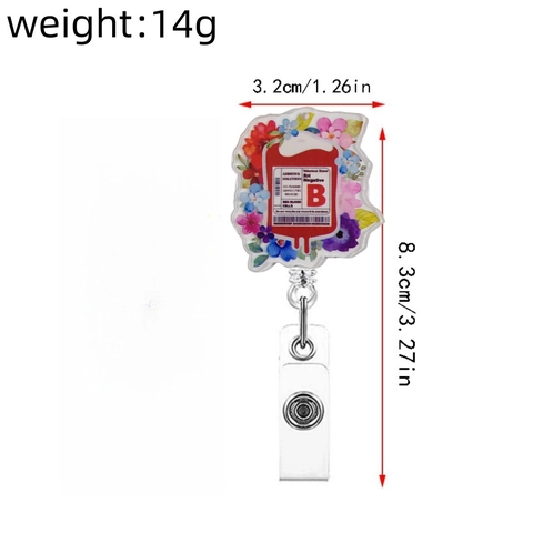 Enrouleur de Badge Rétractable en Acrylique Design Poche de Sang et Fleurs Porte-carte ID Avec Clip pour Infirmières Médecins