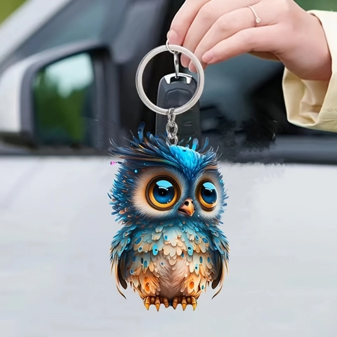 Simpatico Portachiavi a Gufo in Acrilico 2D Ciondolo per Specchietto Retrovisore Auto Animale Cartone Animato Decorativo Regalo