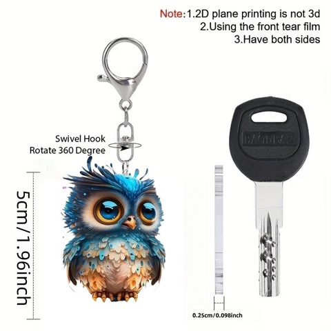Simpatico Portachiavi a Gufo in Acrilico 2D Ciondolo per Specchietto Retrovisore Auto Animale Cartone Animato Decorativo Regalo