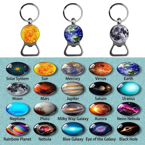 Solar System Planet Galaxy Keychain Bottle Opener Glass Cabochon Zinc Alloy Key Ring Earth Moon Sun Astronomical Theme Portable Pendant Gift