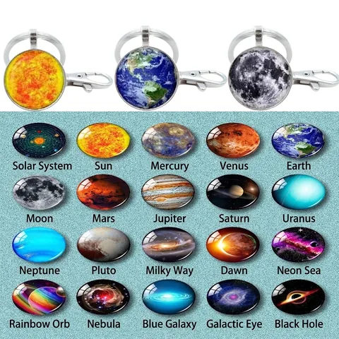 Solar System Galaxy Planet Glass Keychain Astronomy Nebula Pattern Alloy Metal Key Ring Astronomical Gift For Space Lovers