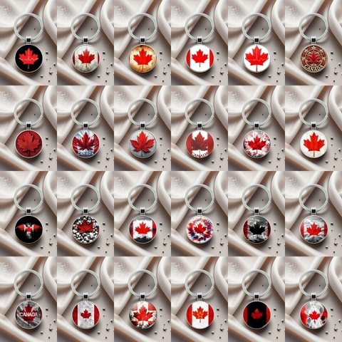 Canada Flag Maple Leaf Keychain Round Zinc Alloy Glass Pendant Souvenir Metal Key Ring For Men Women Daily Accessory