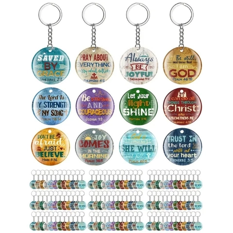 Acrylic Round Bible Verse Cross Keychain Set Religious Prayer Gifts For Teachers Day Commuting Decorative Keyring