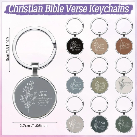 Portachiavi in Metallo con Gemma di Vetro Citazione Biblica Ciondolo Floreale Tondo Argento Regalo Religioso Cristiano