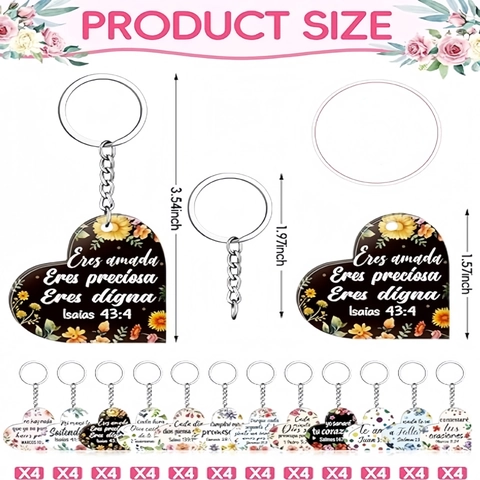 Spanish Bible Verse Heart Keychain Floral Acrylic Pendant Religious Inspirational Gift For Women Men Daily Accessory