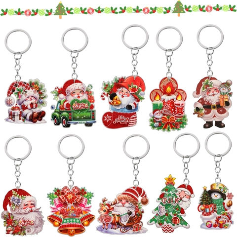 Platte Acryl Kerst Sleutelhanger Kerstman Sneeuwpop Rendier Patroon Hanger Voor Auto Sleutel Tas Decoratie Cadeau