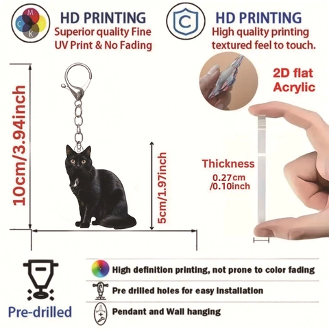 Realistische Zwarte Kat Sleutelhanger Acryl 2D Plat Dier Hanger Auto Spiegel Hangend Ornament Voor Vrouwen Dierenvrienden Schattige Rugzak Charm