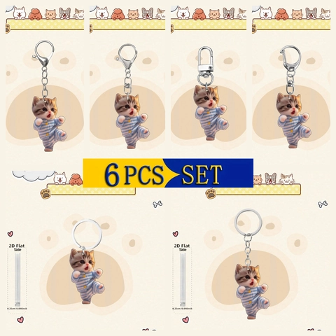 Cute Cartoon Cat Keychain Acrylic 2D Flat Striped Pajamas Kitten Bag Pendant For Girls Women Key Ring Accessory Jewelry
