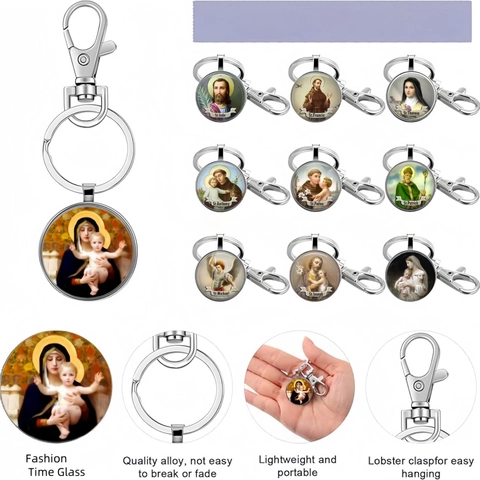 Religious Catholic Saints Keychain St Anthony Michael Francis Therese Time Glass Cabochon Zinc Alloy Metal Key Ring Jewelry Gift
