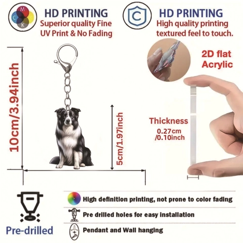 Simpatico Portachiavi in Acrilico Piatto 2D Border Collie Ornamento Sospeso per Auto Ciondolo Cane Stampato per Zaino Chiavi Decorazione Interni Auto Regalo