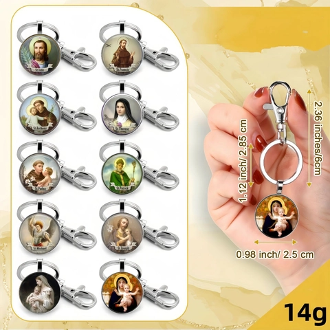 Religious Catholic Saints Keychain St Anthony Michael Francis Therese Time Glass Cabochon Zinc Alloy Metal Key Ring Jewelry Gift
