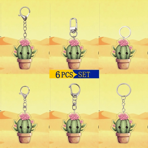 Lindo Llavero de Acrílico de Cactus de Dibujos Animados Flor Rosa Planta Suculenta Plano Llavero Decoración de Mochila Regalo