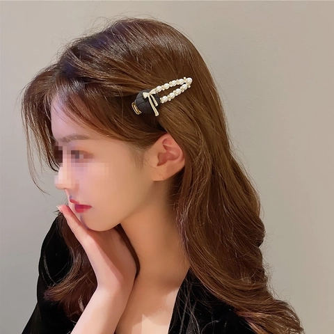 Fermaglio per Capelli con Fiocco in Tessuto Nero Stile Coreano Vintage Elegante Clip a Becco d'Anatra con Perle Artificiali e Strass per Donna