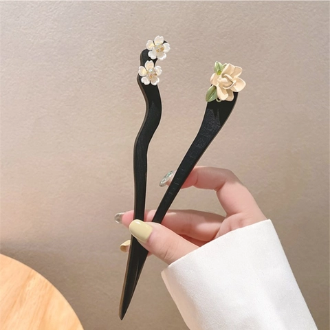 Bastoncino per Capelli in Legno Vintage da Donna Fatto a Mano Stile Cinese con Fiore Crema Elegante Legno di Ebano Nero Accessori