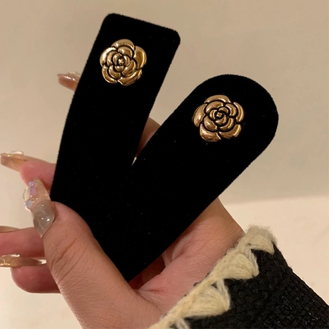 Molletta per Capelli in Velluto Nero Vintage Francese con Camelia per Donna Clip BB Fiore d'Oro Elegante Accessori per Capelli
