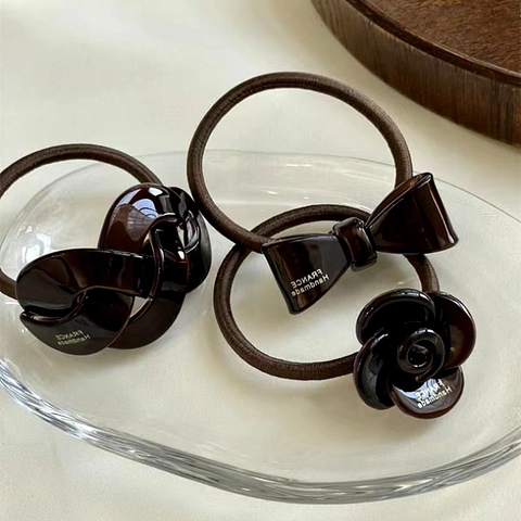 Koreaanse Niche Design Bloem Strik Geometrische Haarelastiek Elastische Koffie Bruine Acryl Haarkabel Zoete Dames Haaraccessoires