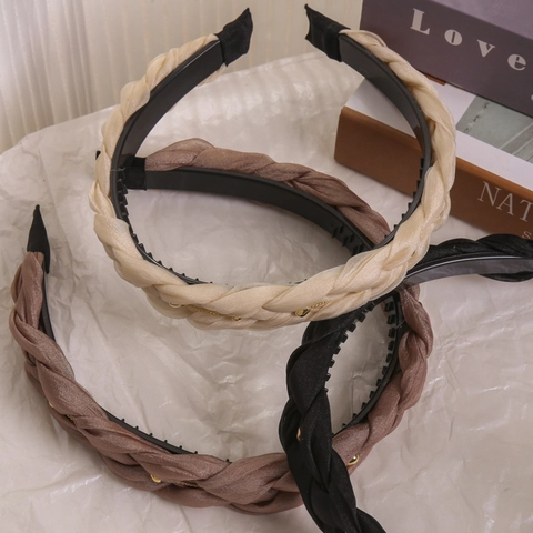 Cerchietto Intrecciato Elegante da Donna Con Catena d'Oro Perline di Metallo Tessuto Satinato Antiscivolo Cerchietto per Capelli