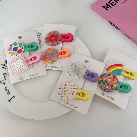 Korean Ins Style Children Colorful Acrylic Hair Clips Hand Painted Graffiti Floral Geometric Duckbill Clips For Girls Hair Accessories