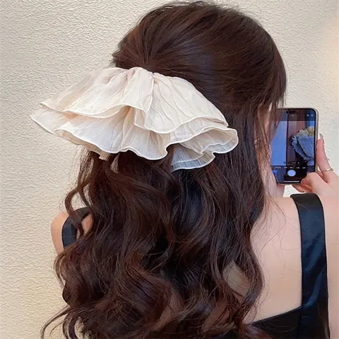 Scrunchies Plissés Surdimensionnés Style Français en Tissu Mousseline Anneaux Cheveux Élastiques Pour Femmes Filles Accessoires Cheveux