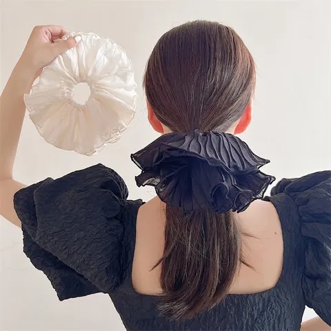 Scrunchies Plissés Surdimensionnés Style Français en Tissu Mousseline Anneaux Cheveux Élastiques Pour Femmes Filles Accessoires Cheveux