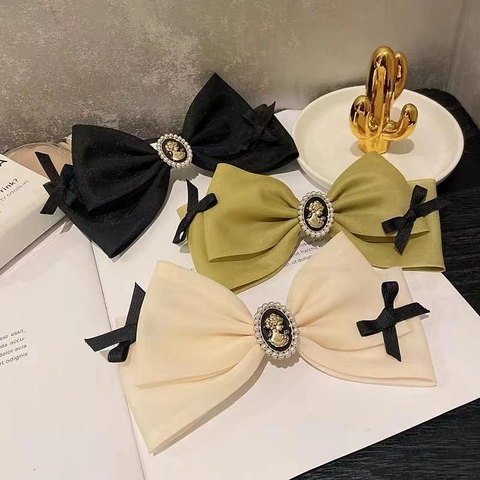 Molletta per Capelli Vintage in Satin con Fiocco Elegante Stile Francese Ritratto Cammeo Con Perla Artificiale Accessorio Donna