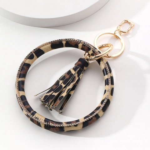Mode PU Leder Armband Schlüsselanhänger Mit Leopardenmuster Quaste Gold Metall Kreis Schlüsselring Für Damen Geschenk Zubehör