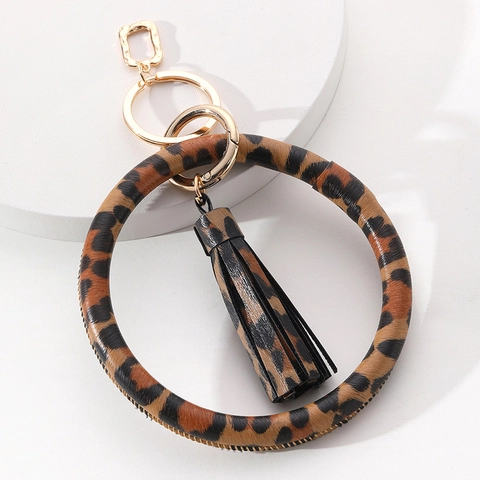 Mode PU Leder Armband Schlüsselanhänger Mit Leopardenmuster Quaste Gold Metall Kreis Schlüsselring Für Damen Geschenk Zubehör