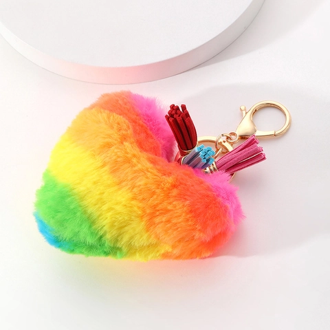 Rainbow Gradient Heart Shaped Plush Keychain With Tassels Artificial Fur Bag Charm Accessories For Women Car Key Ring