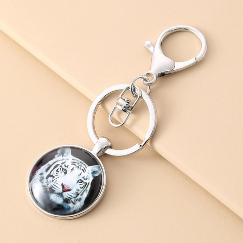 Weiße Tiger Porträt Zeit-Edelstein Glas Kuppel Schlüsselanhänger Silber Legierung Metallring Karabinerverschluss Tier Kunst Taschenanhänger