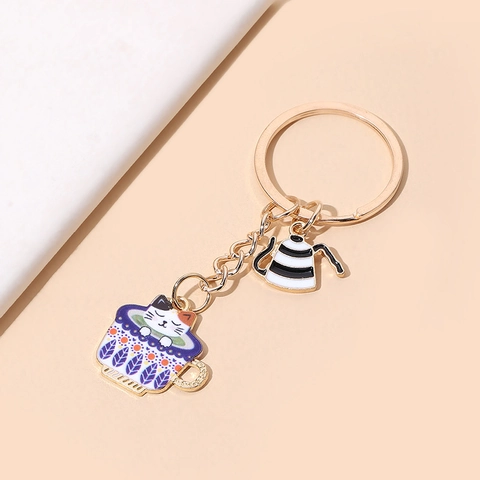 Creativo Portachiavi Gatto in Tazzina Cartone Animato Lega Smalto Ciondolo Teiera Carino Animale Portachiavi per Auto Borsa Regalo