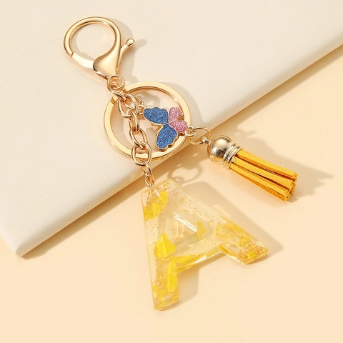 Llavero de Letra Inicial de Resina Hecho a Mano Con Concha Estrella de Mar Correa Holográfica Borla Mariposa Regalo Mujer