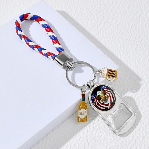 American Patriotic USA Flag Metal Bottle Opener Keychain Braided Leather Strap Beer Charms Keyring Gift For Men Father's Day