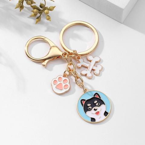 Cute Cartoon Dog Metal Keychain Gold Zinc Alloy Drip Oil Enamel Paw Bone Pendants Bag Charm Key Ring For Women Kids Gift