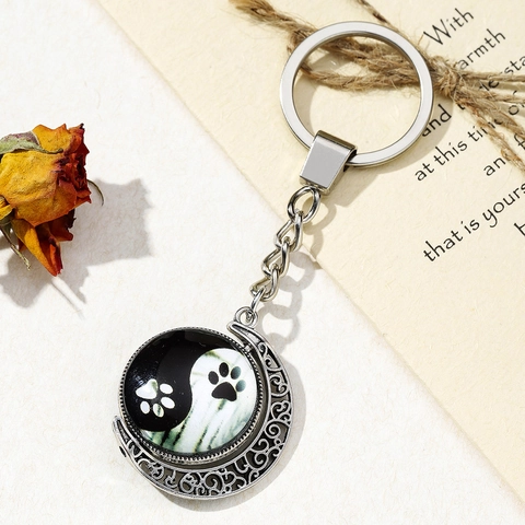 Vintage Legierung Yin Yang Pfote Schlüsselanhänger Hohlmond Rotierender Glasanhänger Chinesischer Stil Tasche Charm Geschenk
