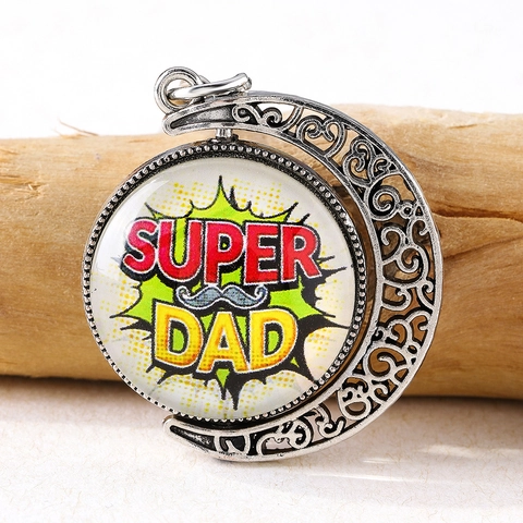 Vatertag Super Dad Rotierender Mond Schlüsselanhänger Silber Legierung Zeit Edelstein Schlüsselring Für Vater Herren Geschenke Mit Schnurrbart Muster
