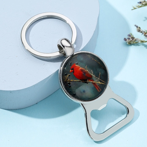 Red Cardinal Bird Glass Dome Metal Keychain Bottle Opener Portable Silver Zinc Alloy Key Ring For Bags Car Decor Gift