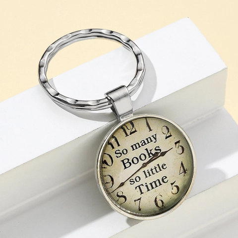 Porte-clés Dôme en Verre Horloge Vintage Avec Citation Littéraire Alliage d'Argent pour Amateurs de Livres