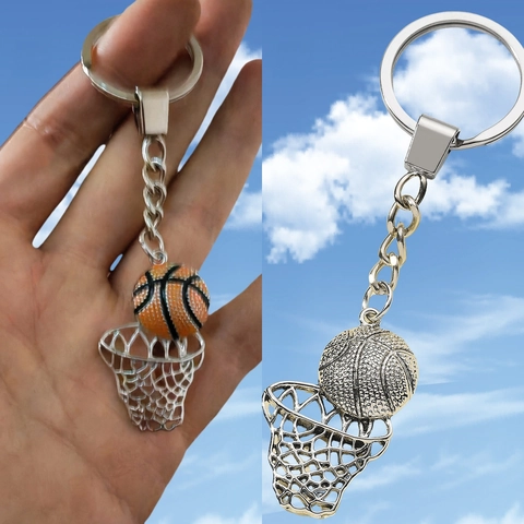 Hip Hop Basketball Hoop Metal Keychain Antique Silver Sports Basketball Net Pendant Key Ring Gift For Basketball Fans