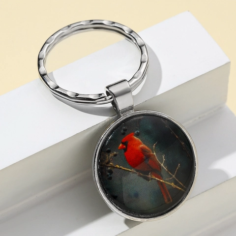 Vintage Kardinalvogel Glas Cabochon Schlüsselanhänger Silberfarbener Metall Schlüsselring Für Taschen Rucksack Anhänger Schmuck