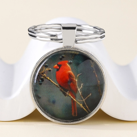 Vintage Kardinalvogel Glas Cabochon Schlüsselanhänger Silberfarbener Metall Schlüsselring Für Taschen Rucksack Anhänger Schmuck