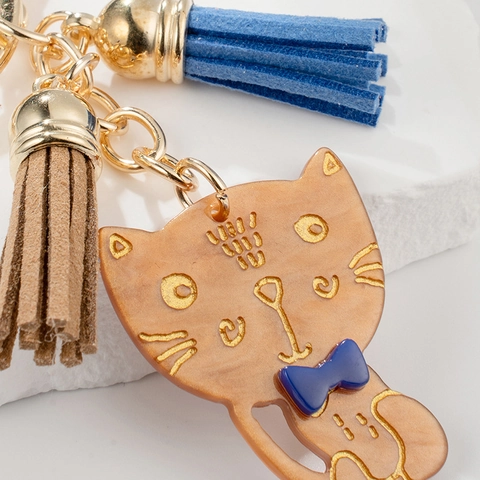 Franse Stijl Amber Kat Sleutelhanger Met Blauwe Strik En Dubbele Kwastjes Schattige Hars Dier Tas Hanger Voor Dames