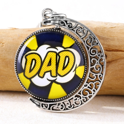 Rotierender Mond DAD Pop Art Schlüsselanhänger Silber Legierung Glas Cabochon Schlüsselring Für Herren Vatertag Geschenk