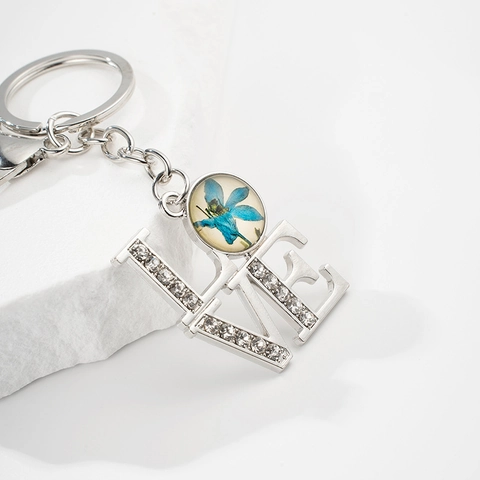 Vintage LOVE Letter Keychain For Women Silver Plated Alloy Rhinestone Key Ring With Blue Dried Flower Glass Pendant Mother Day Gift
